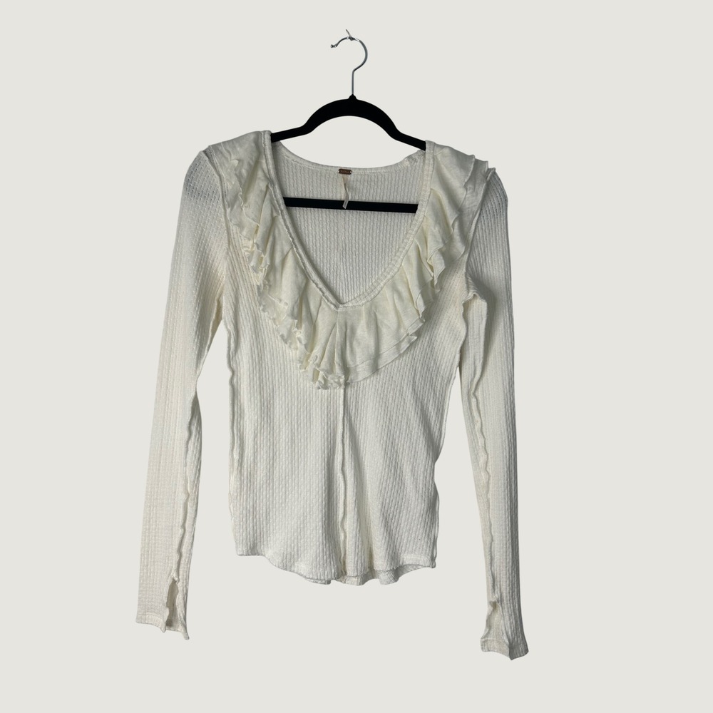 Free People Ruffle V-Neck Top Womens S Cream Pointelle Knit Peasant Boho Cottage